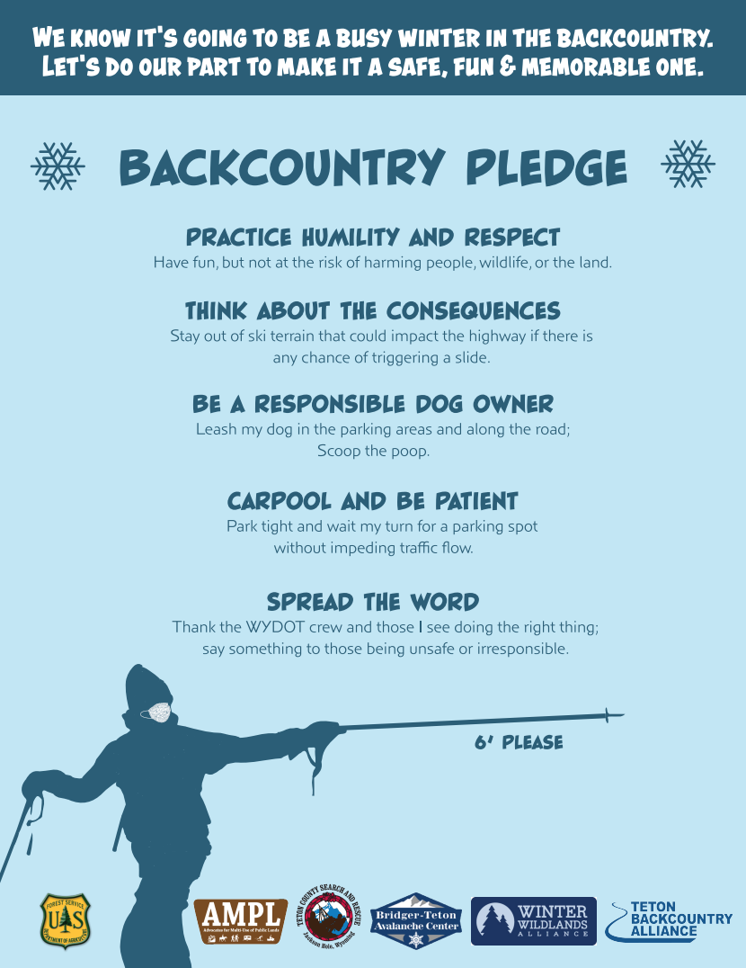 Graphic from TBCA outlining five pledges that backcountry skiers can make to be courteous to others, stay safe, and have fun.