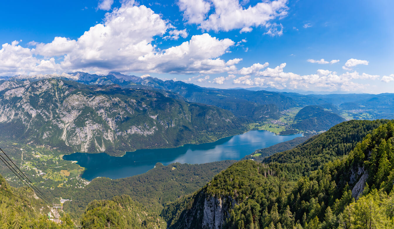 Aerial view of the mountains and lake Bohinj.