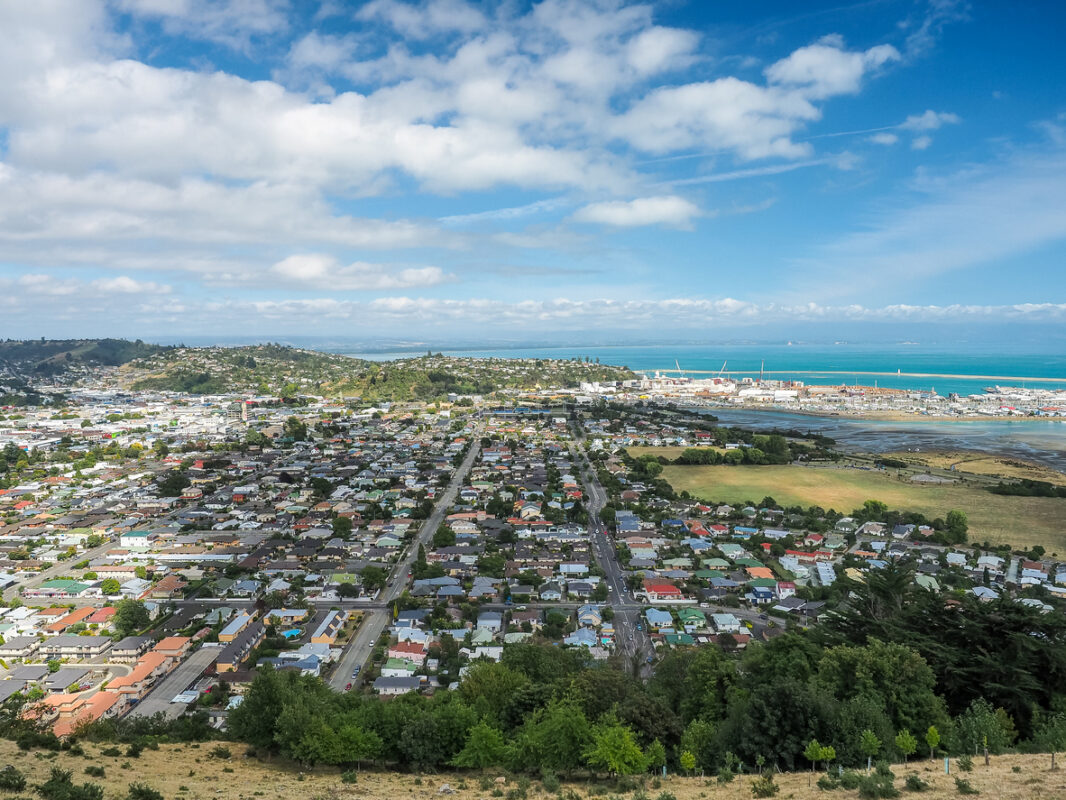Aerial view of Nelson City and Tasman Bay from the Botanical Hill. 