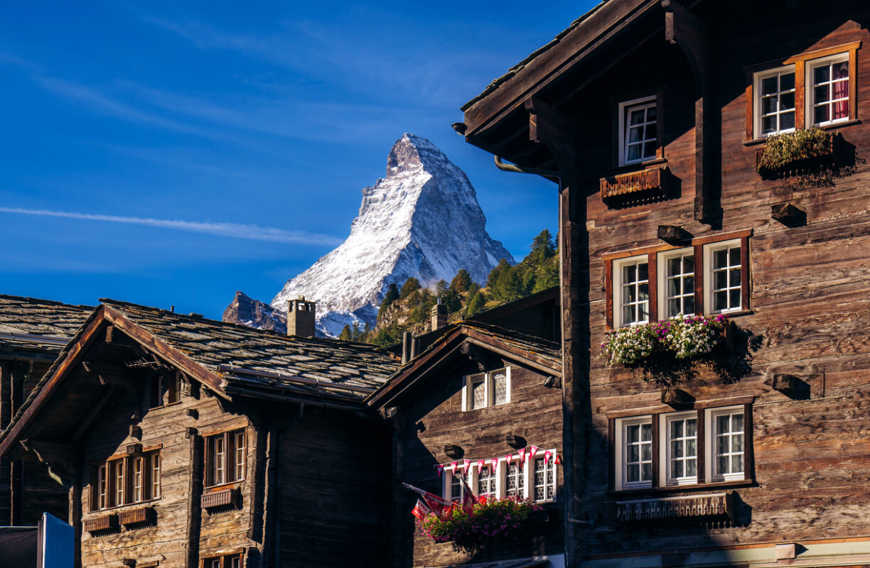 Wood houses in Zermatt with views of the Matterhorn 