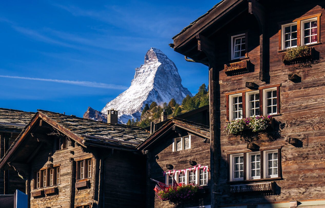Wood houses in Zermatt with views of the Matterhorn