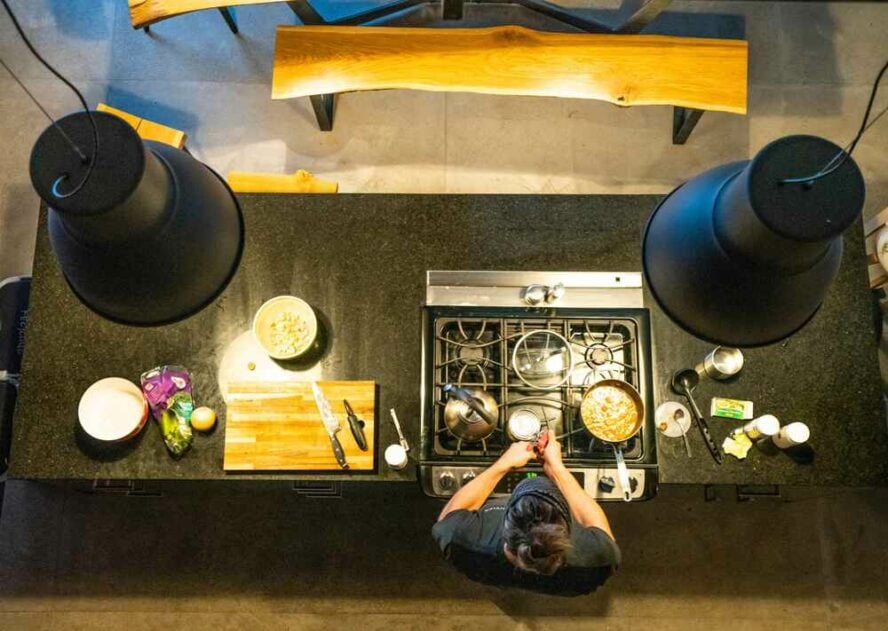 Overhead view of the vast kitchen at the Thelma Hut, where the caretaker prepares meals for guests.