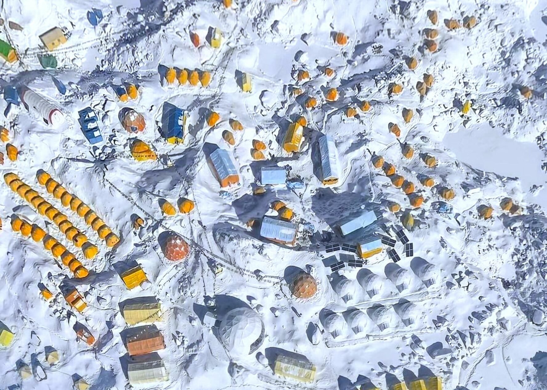 Aerial photo of the Everest Basecamp Trek campground and yellow tents