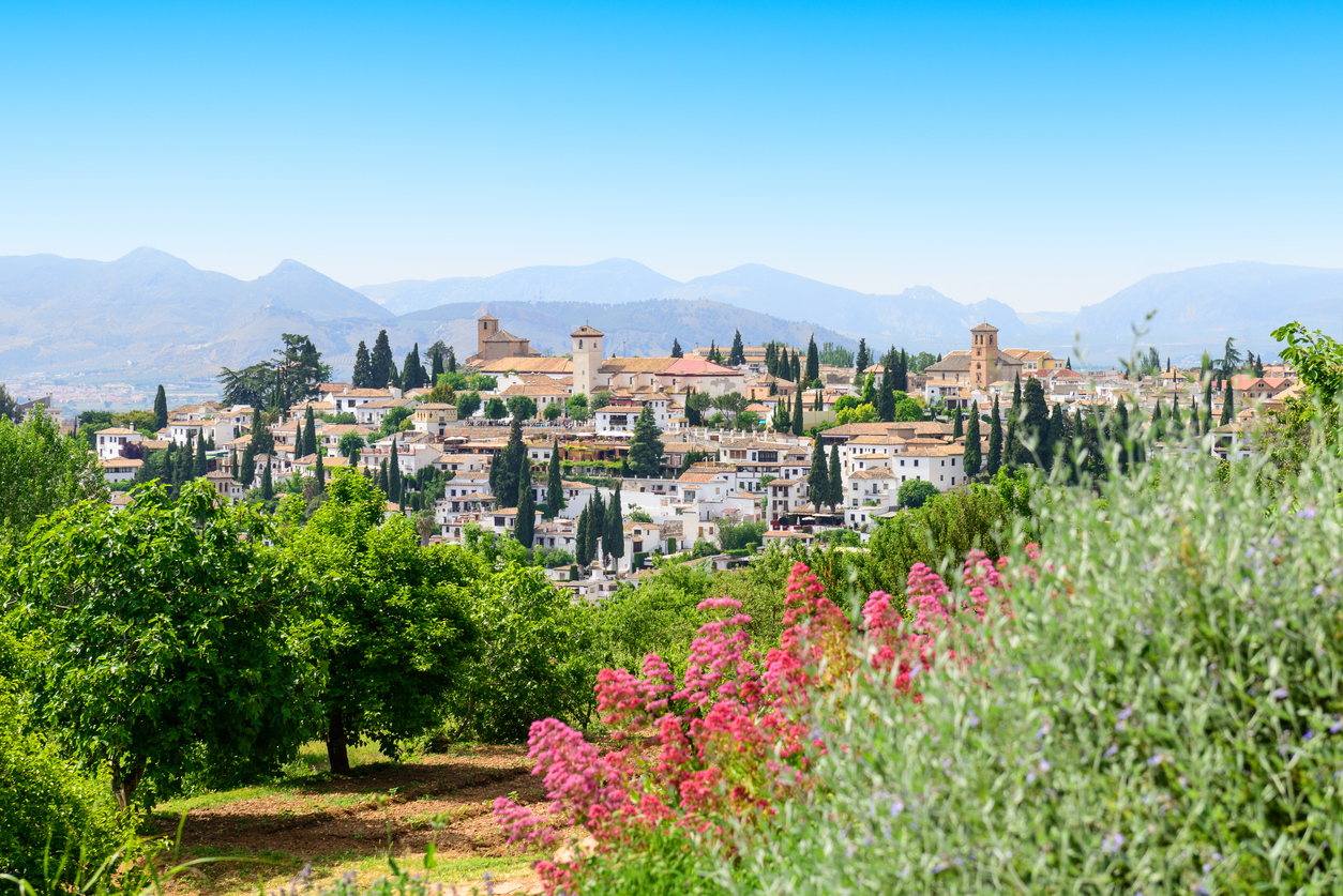 Panorama of the city of Granada in Spain with surrounding areas.