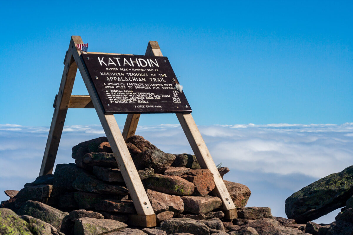 Wooden sign for the completion of the AT on Mt. Katahdin