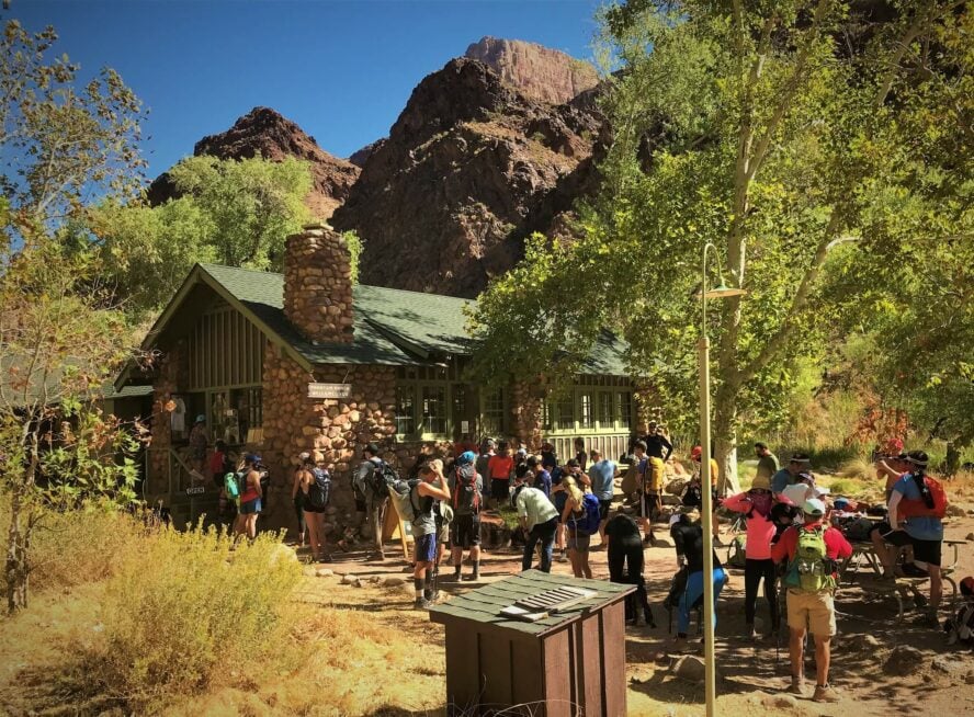 A group of hikers and trail runners about to attempt a Rim-to-Rim hike.