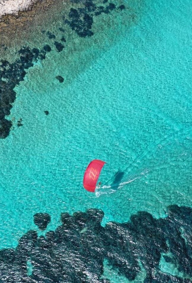 Aerial view of a kitesurfer in the Cyclades Islands, Greece