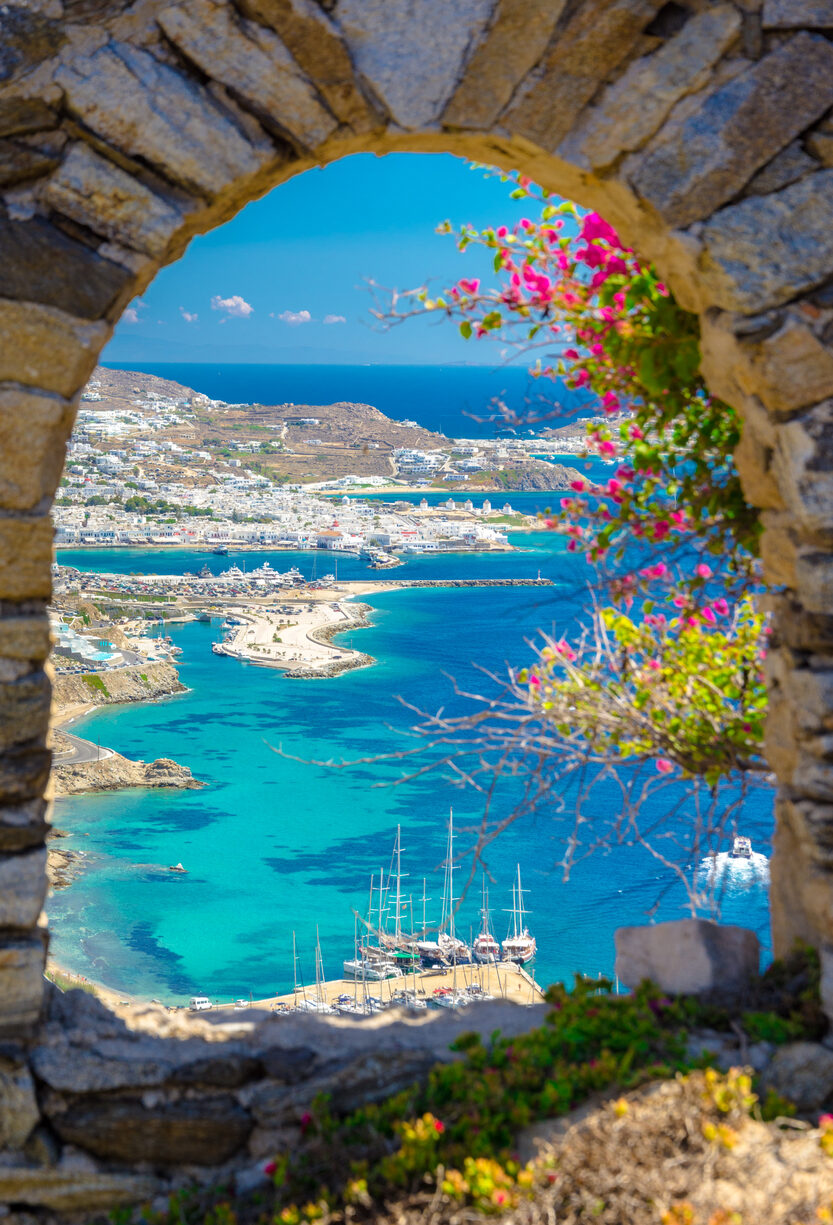 View of a port on the island of Mykonos in the Cyclades archipelago, Greece