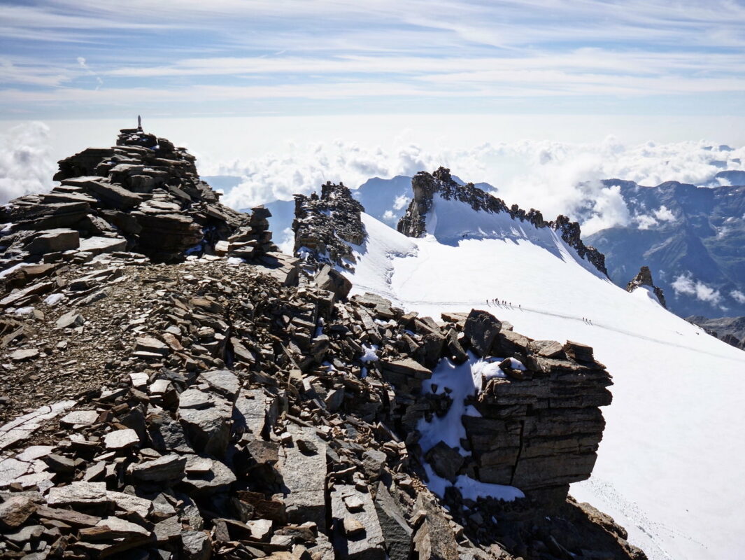 Aerial view of Gran Paradiso and a route leading up to it. 