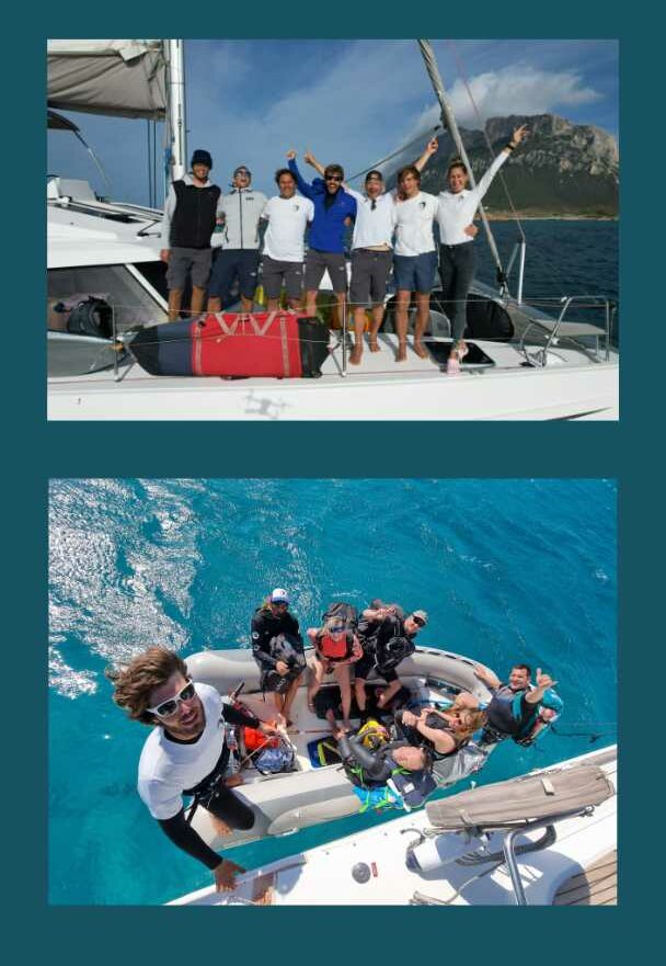 Crew having fun aboard a catamaran