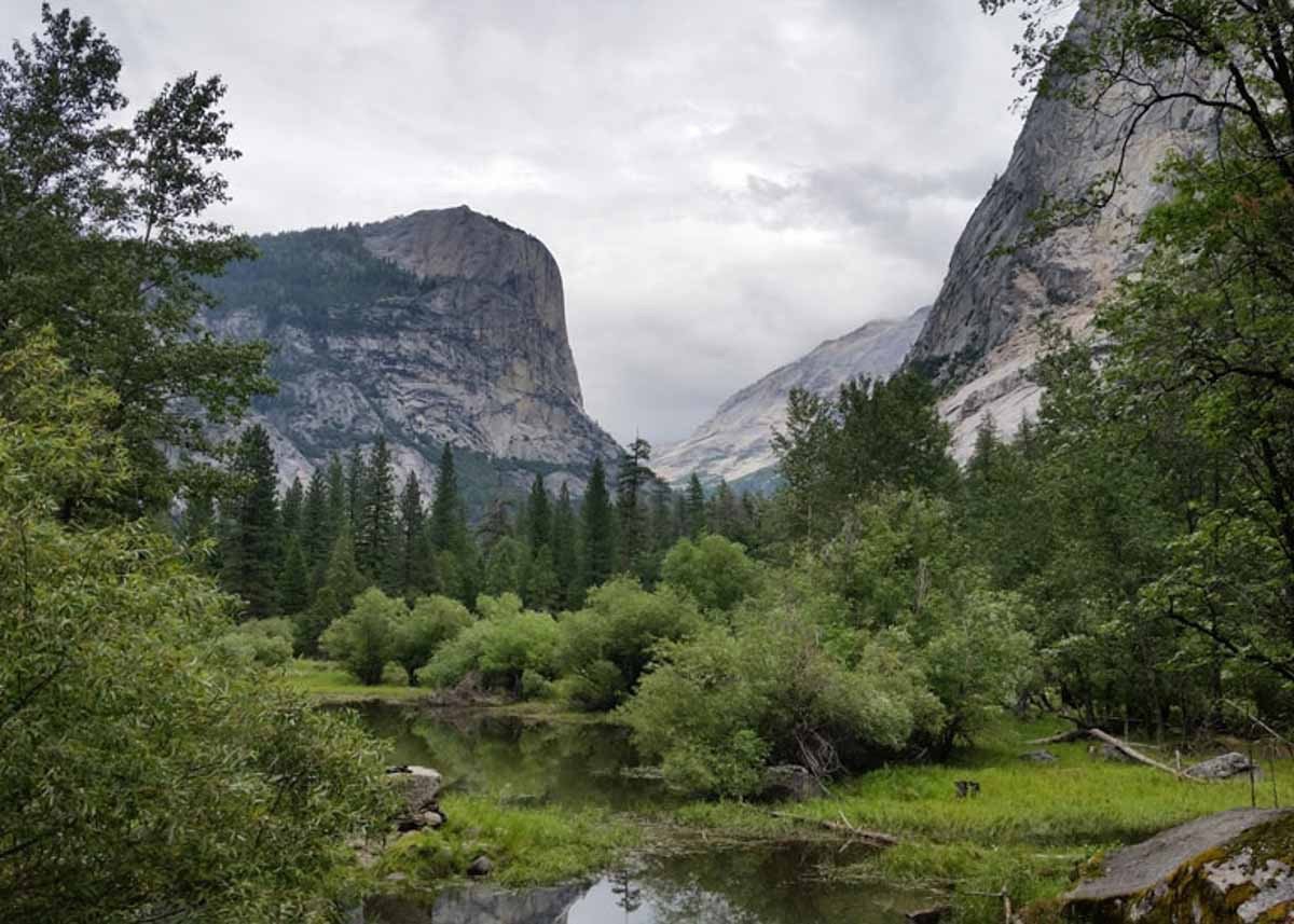 Half Dome seen from a trail in Yosemite.