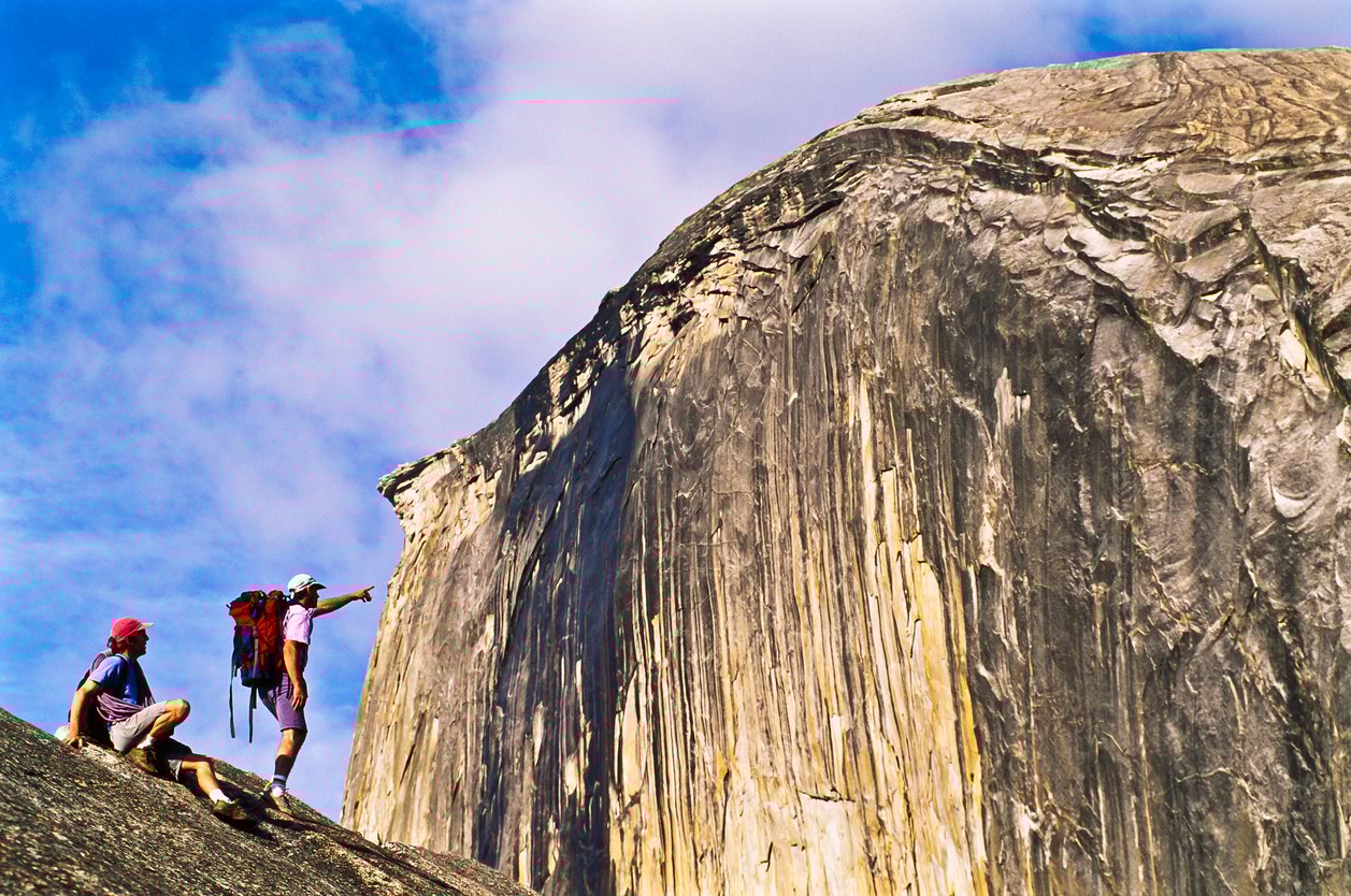 Hikers on their way to climb the peak of Half Dome in the Yosemite National Park.