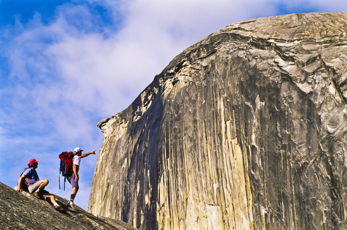 Hikers on their way to climb the peak of Half Dome in the Yosemite National Park. 