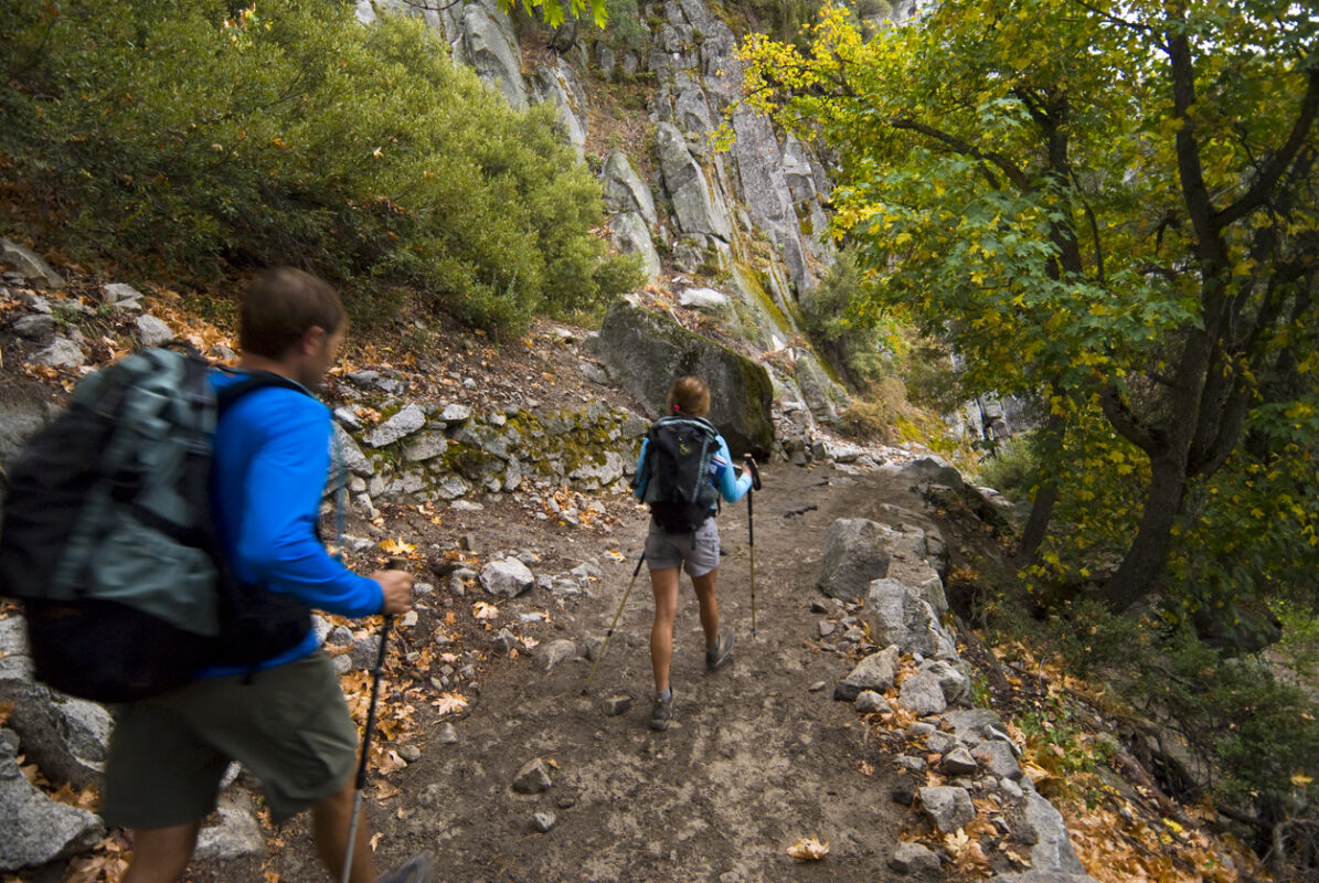Two hikers walking along a forest trail beside a granite wall in the Yosemite National Park. 