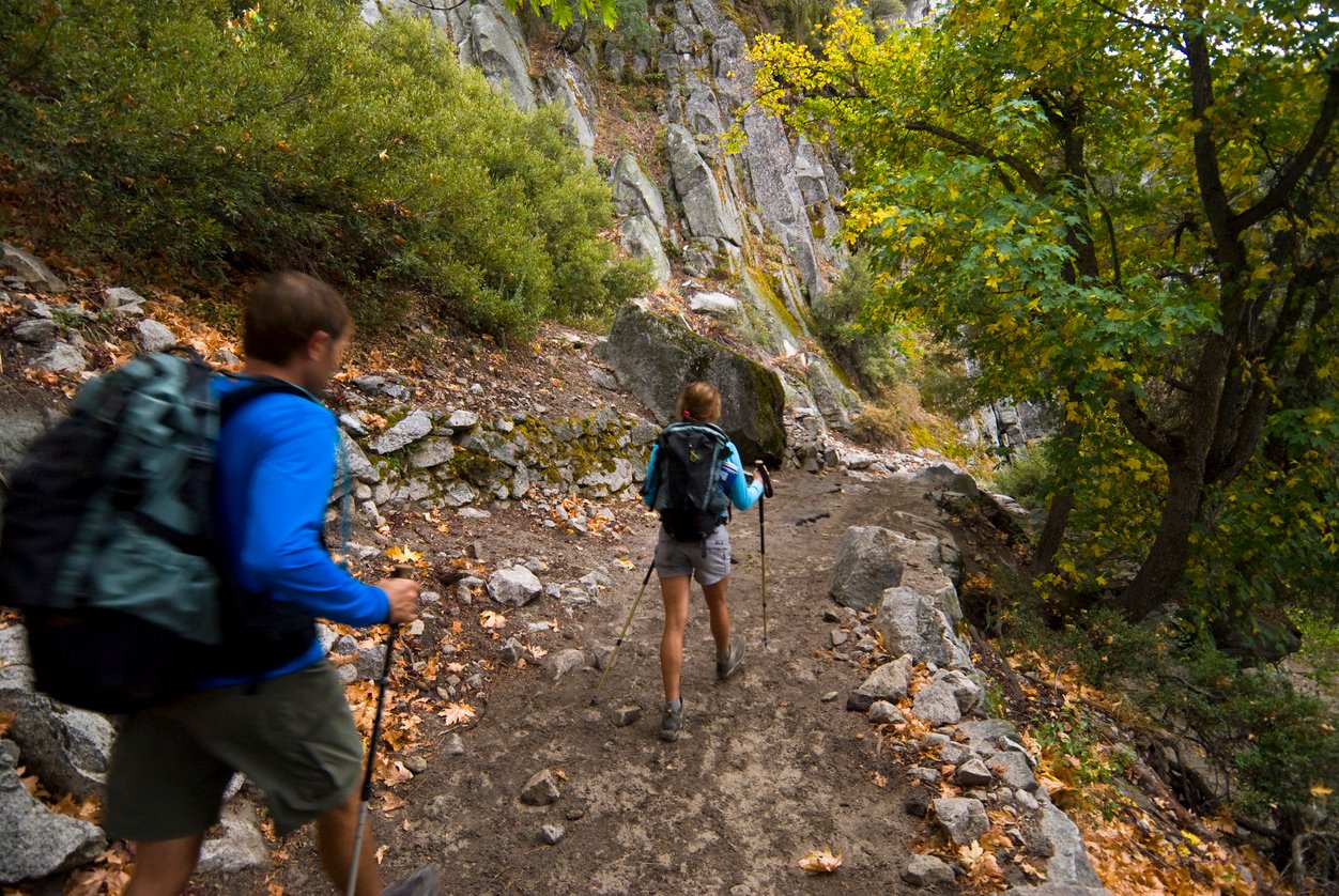 Two hikers walking along a forest trail beside a granite wall in the Yosemite National Park.