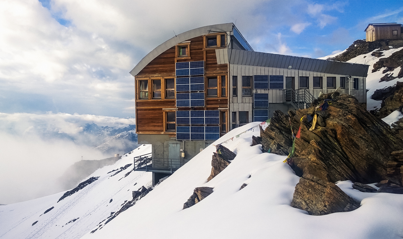 View of the Tete Rousse hut near Mont Blanc. 