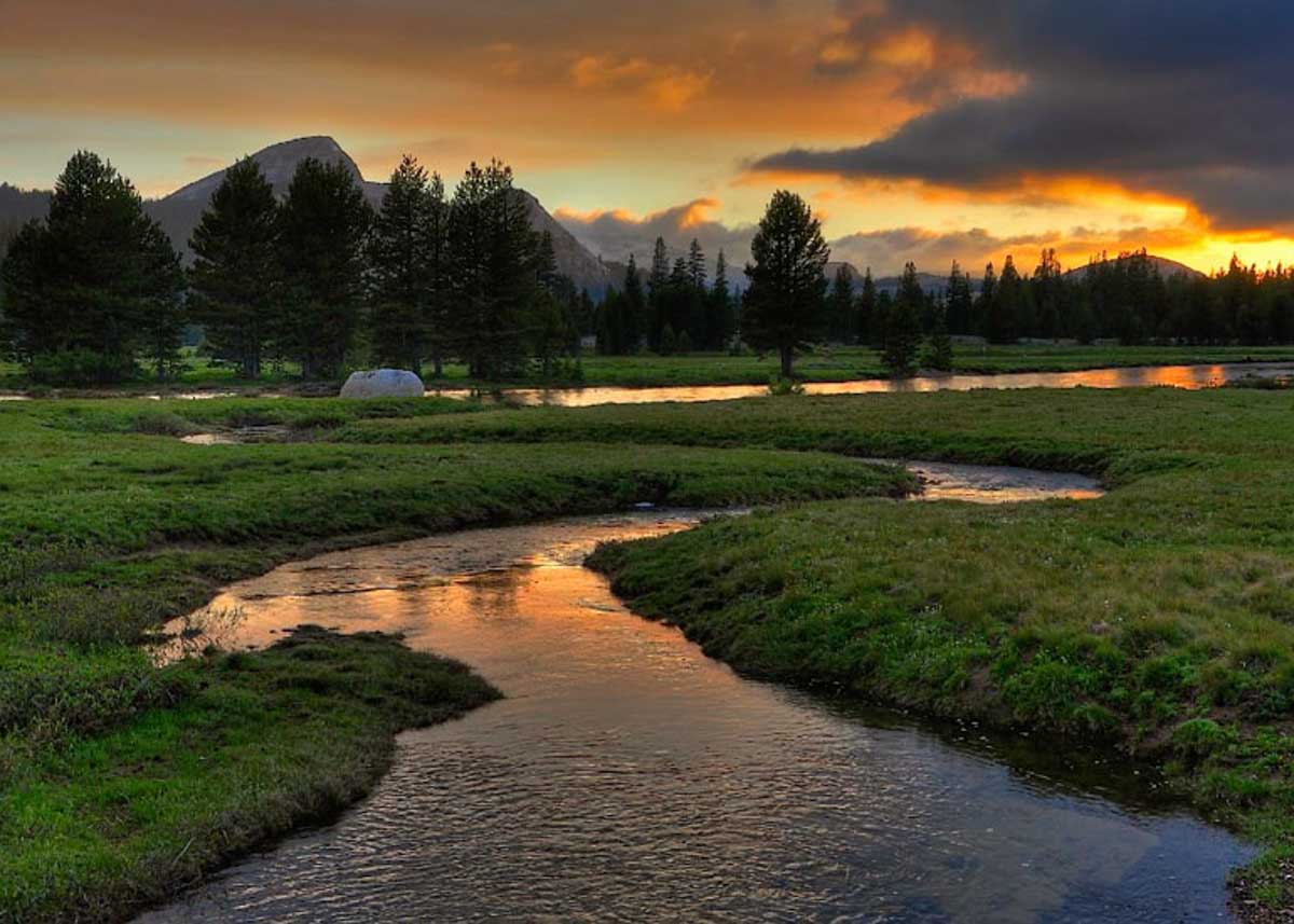 Tuolumne Meadows in Yosemite during sunset.