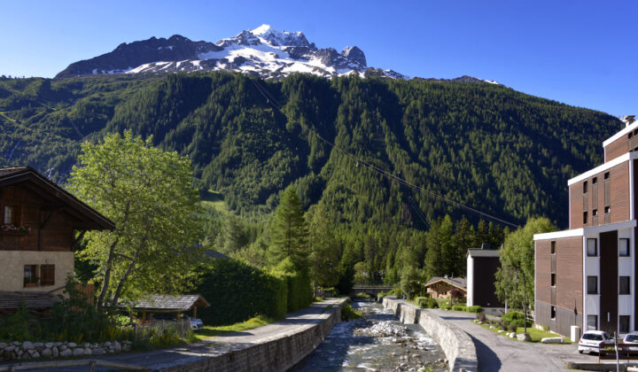 View of the town of Argentiere in the Chamonix Valley.