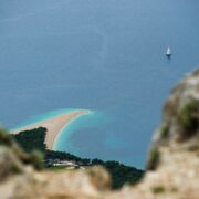 An overhead view of Zlatni Rat beach from Vidova Gora, Brač, Croatia