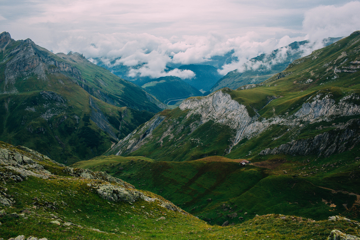 Views from Col du Bonhomme, one of the mountain passes along the Tour du Mont Blanc.