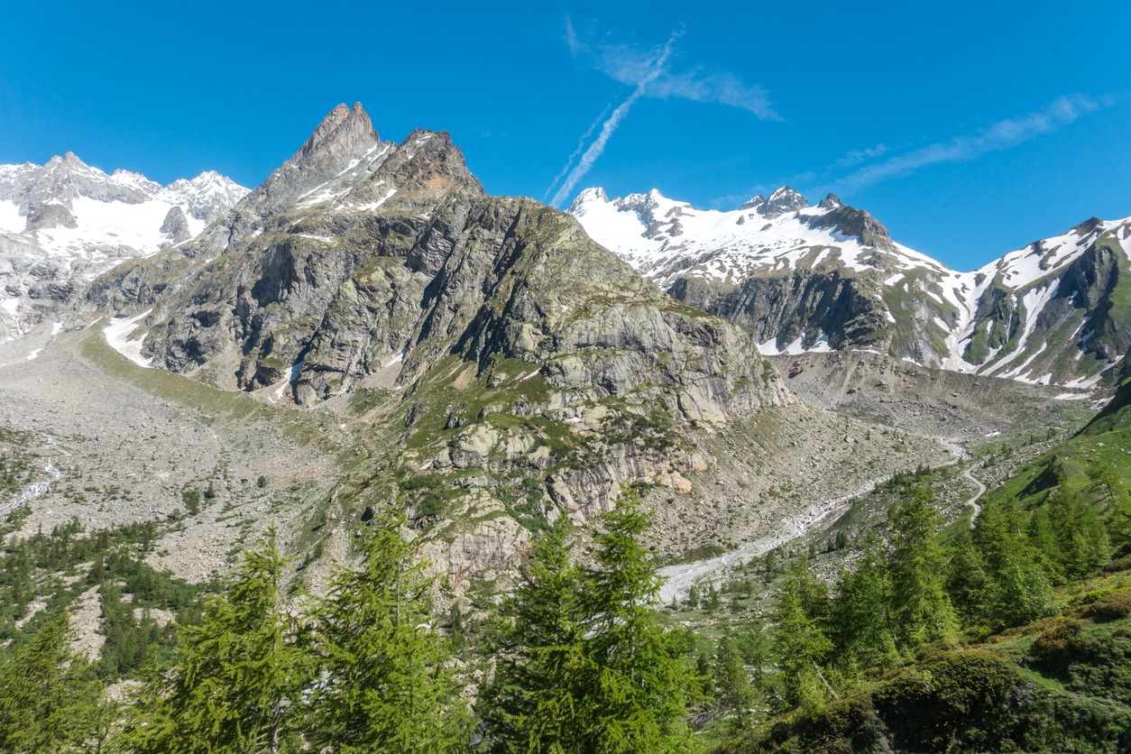 Views from the Grand Col Ferret, with conifers and snowy peaks.