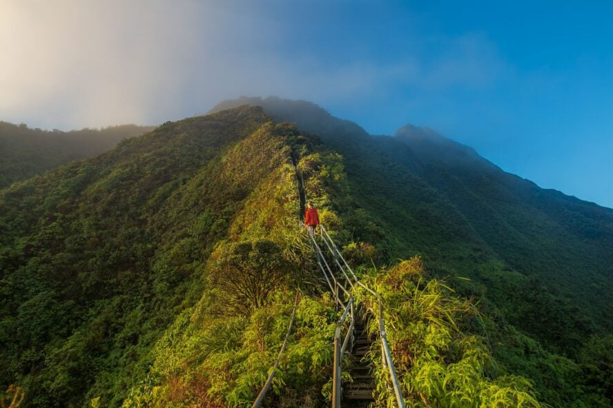 Hiker on Hawaii’s Stairway to Heaven (Haiku Stairs)