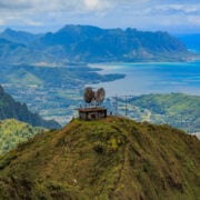 View of the bunker at the end of the Haiku Stairs hike and the island of Oahu below