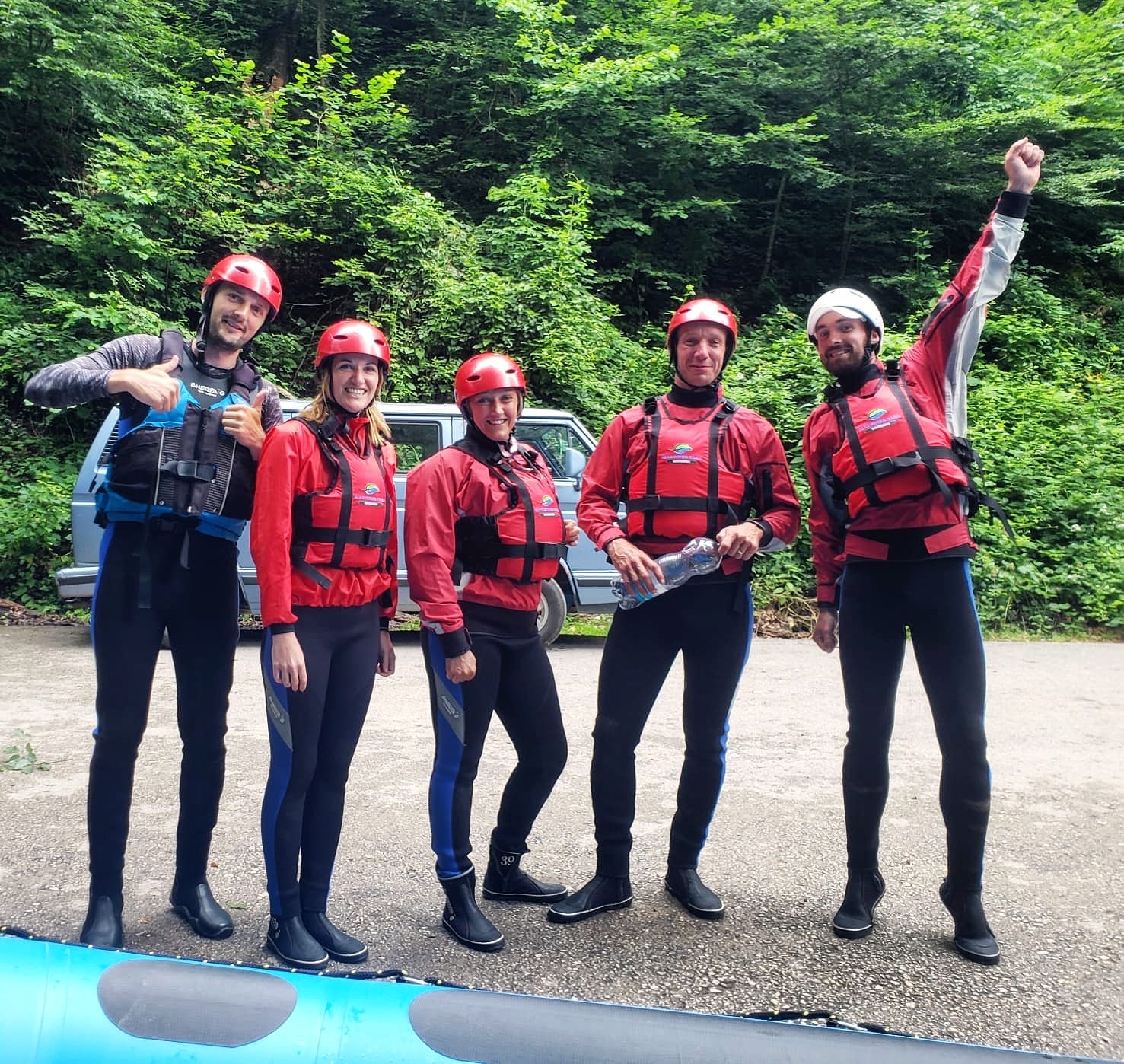 Happy group going rafting on Tara river