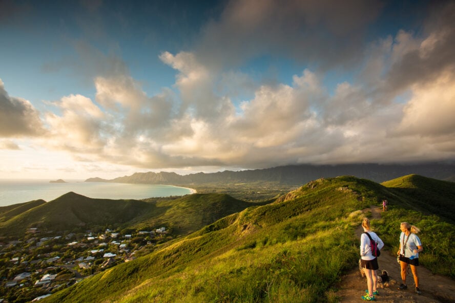 Vivid red clay dirt crumbles on a hill alongside a road on Maui