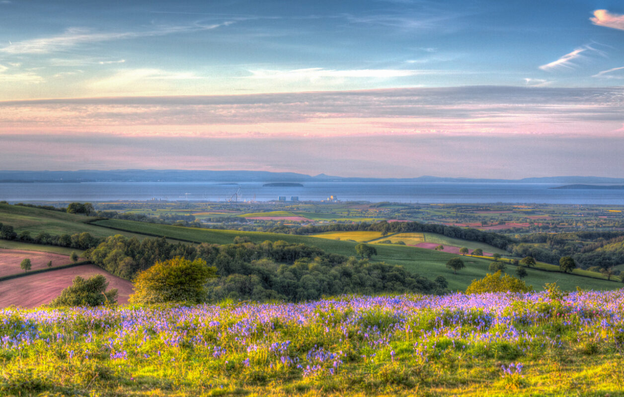 Bristol channel seen from the Quantock Hills, covered in woods, farmlands, and heathland.