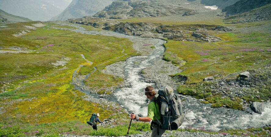 Two backpackers make their own trail through Denali’s vast wilderness.