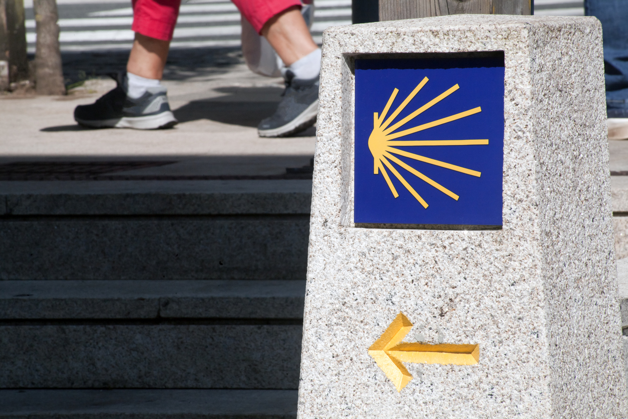 A direction sign along the Camino de Santiago in the Galician town of Arzua.