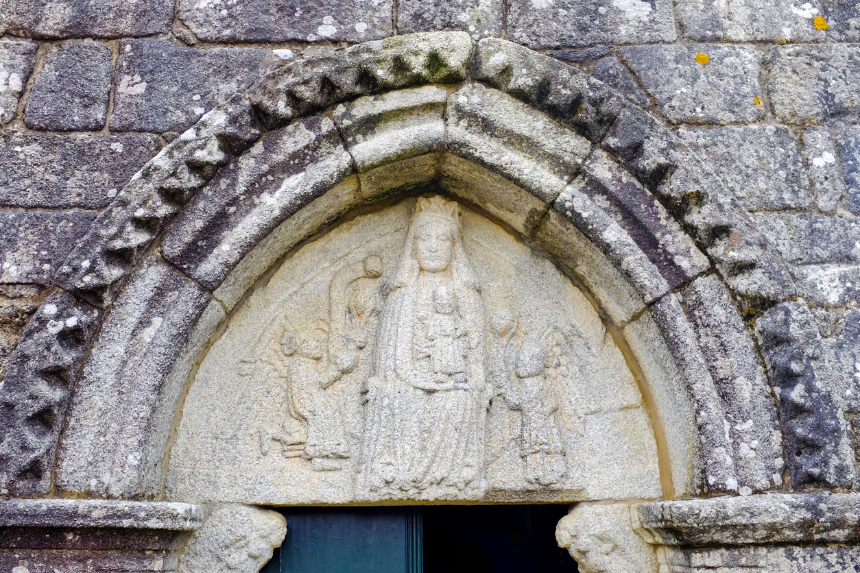 A medieval relief depicting the Virgin Mary and Christ in the Spanish village of Leboreiro.