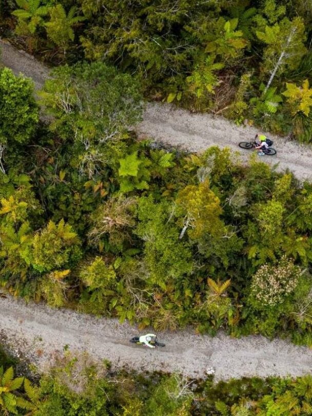 Cyclists on a path which is part of the iconic West Coast Wilderness Trail on the South Island in New Zealand