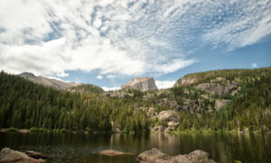 Hallett Peak rising above Bear Lake, a great place for hiking in Rocky Mountain National Park.