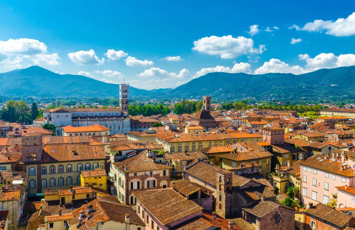 Vedute of a historical town of Lucca found in the Italian region of Tuscany.