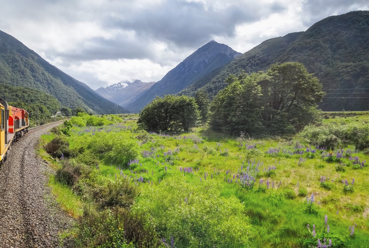 Scenery of New Zealand’s Southern Alps seen while on a TranzAlpine train ride.