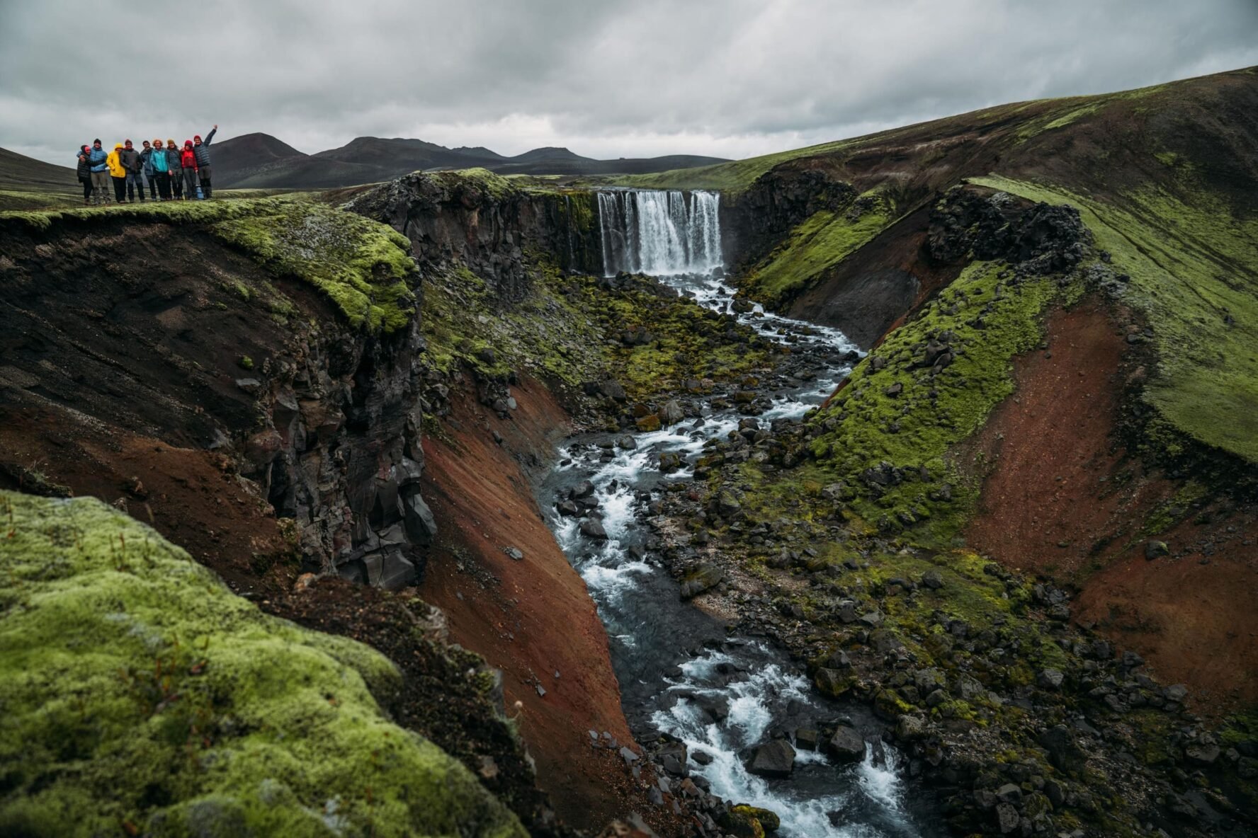 Waterfall and group in Iceland