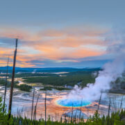 The vibrant Grand Prismatic Springs steaming away.