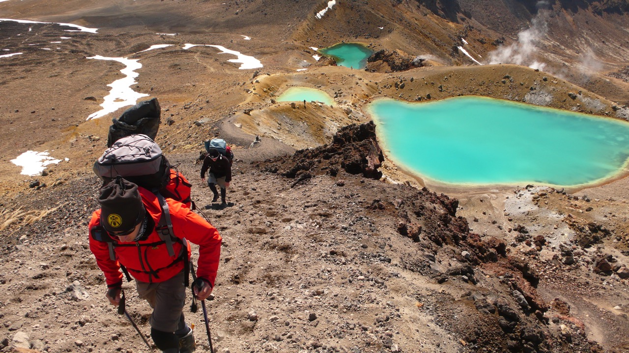 Hiking above emerald lakes