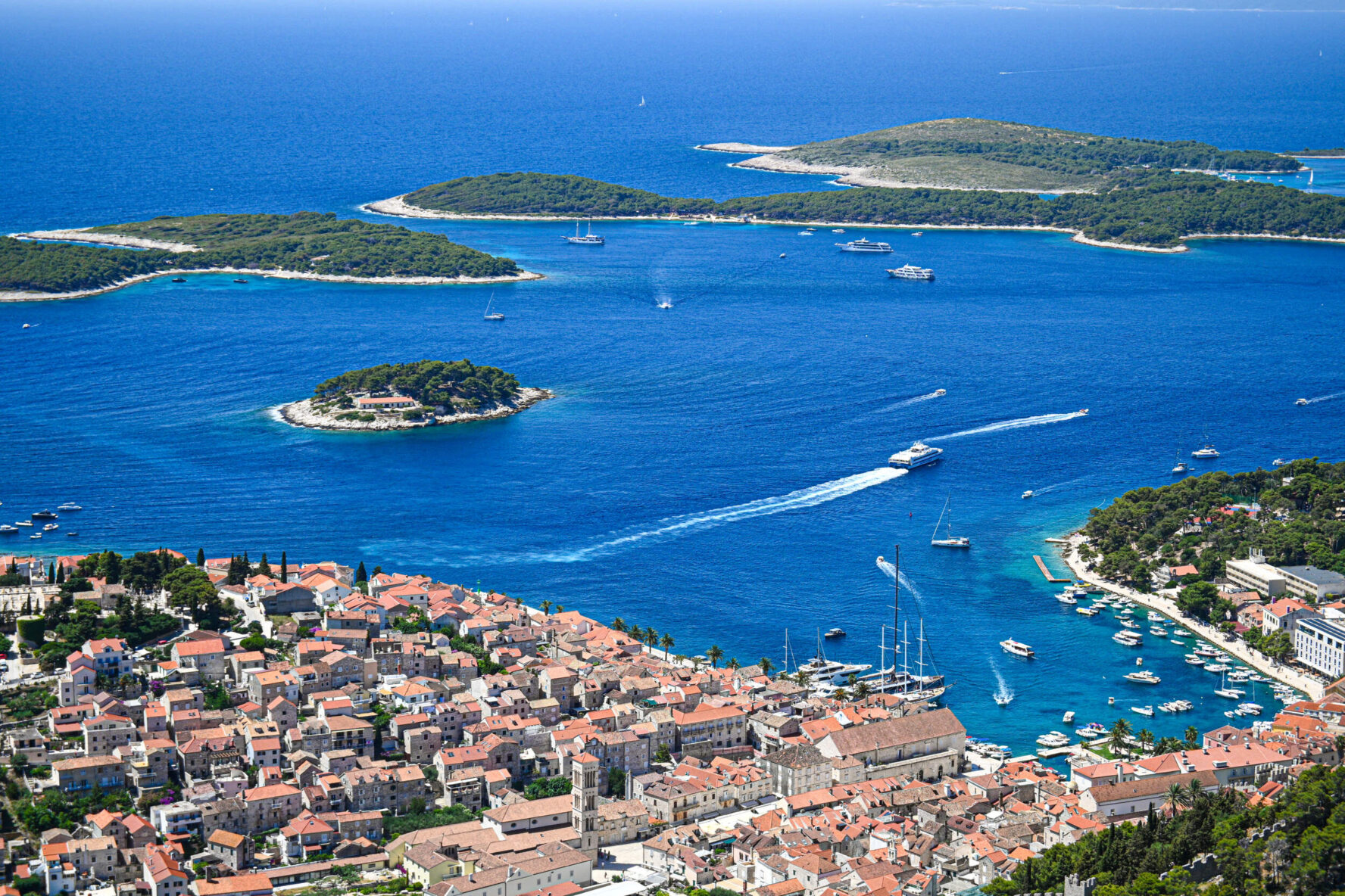 View of the town of Hvar and Pakleni Islands from above
