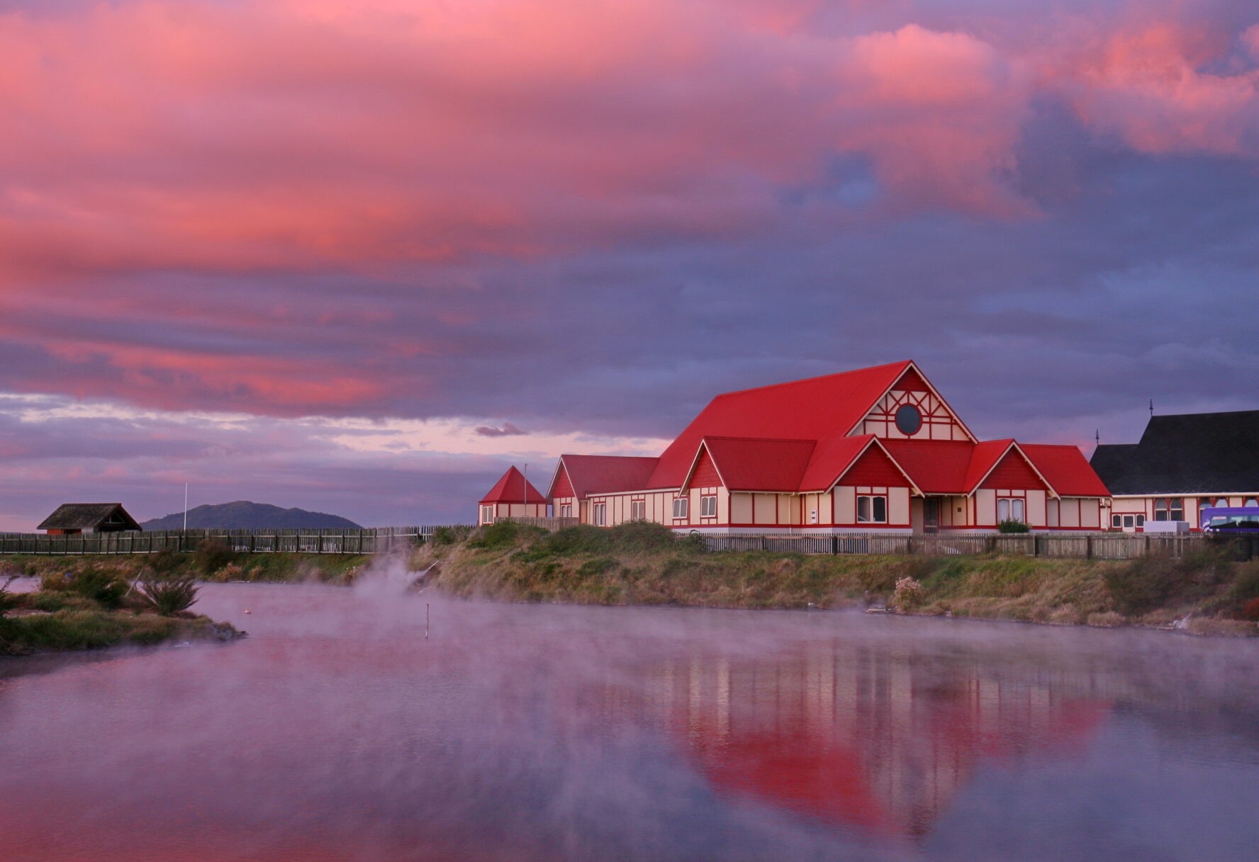 Rotorua views, pink sky