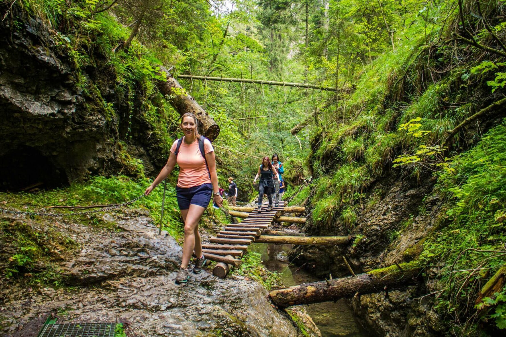 A group of hikers on a boardwalk in the Slovakian High Tatras.