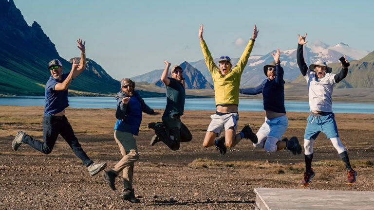 Group hikers Iceland happy