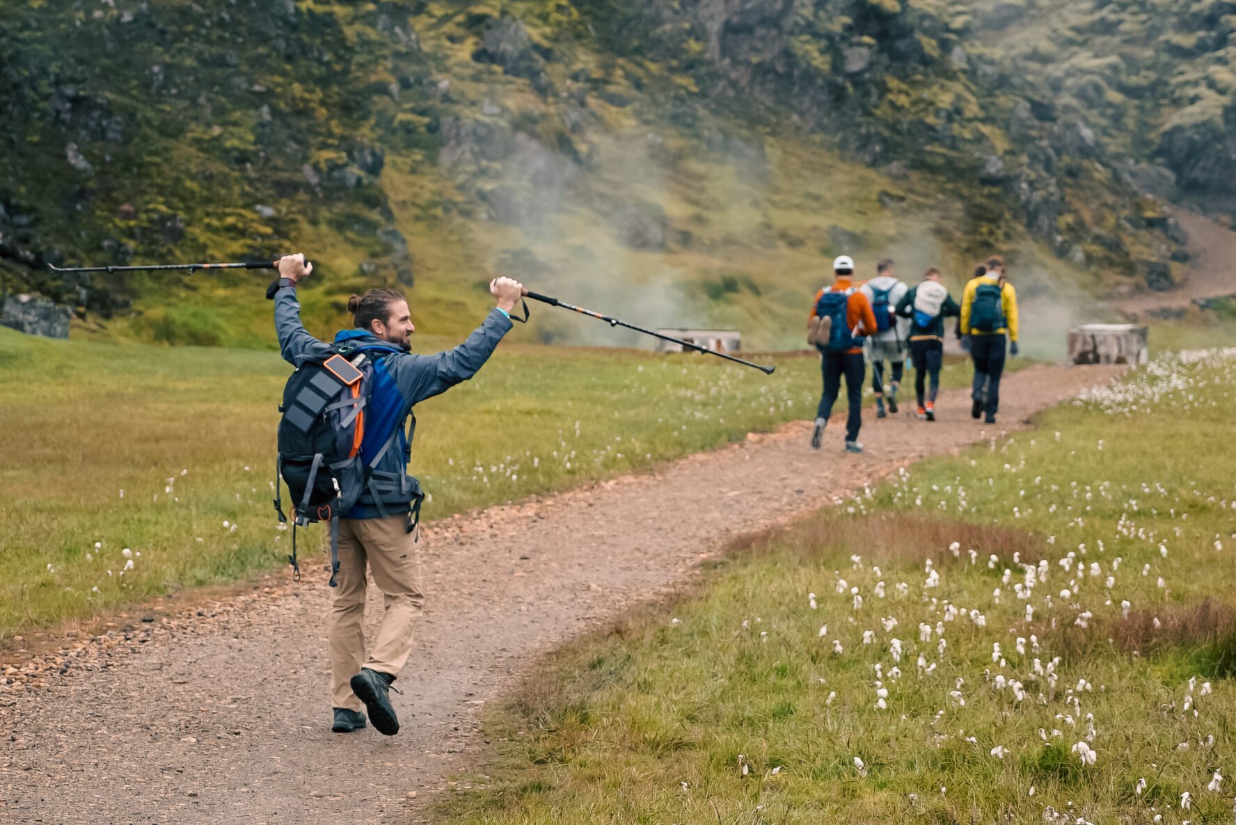 Happy hiker lush Iceland