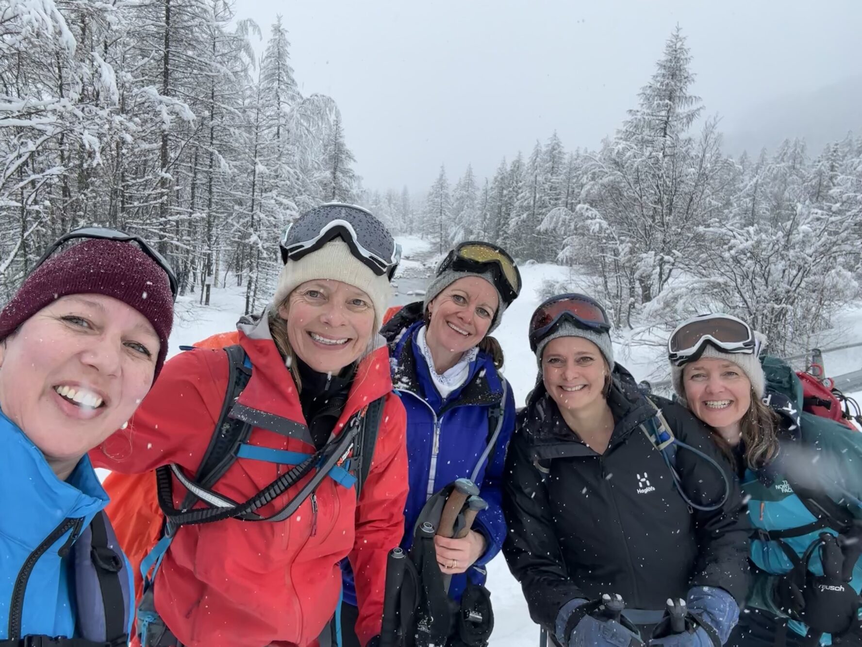Happy hikers snowshoeing