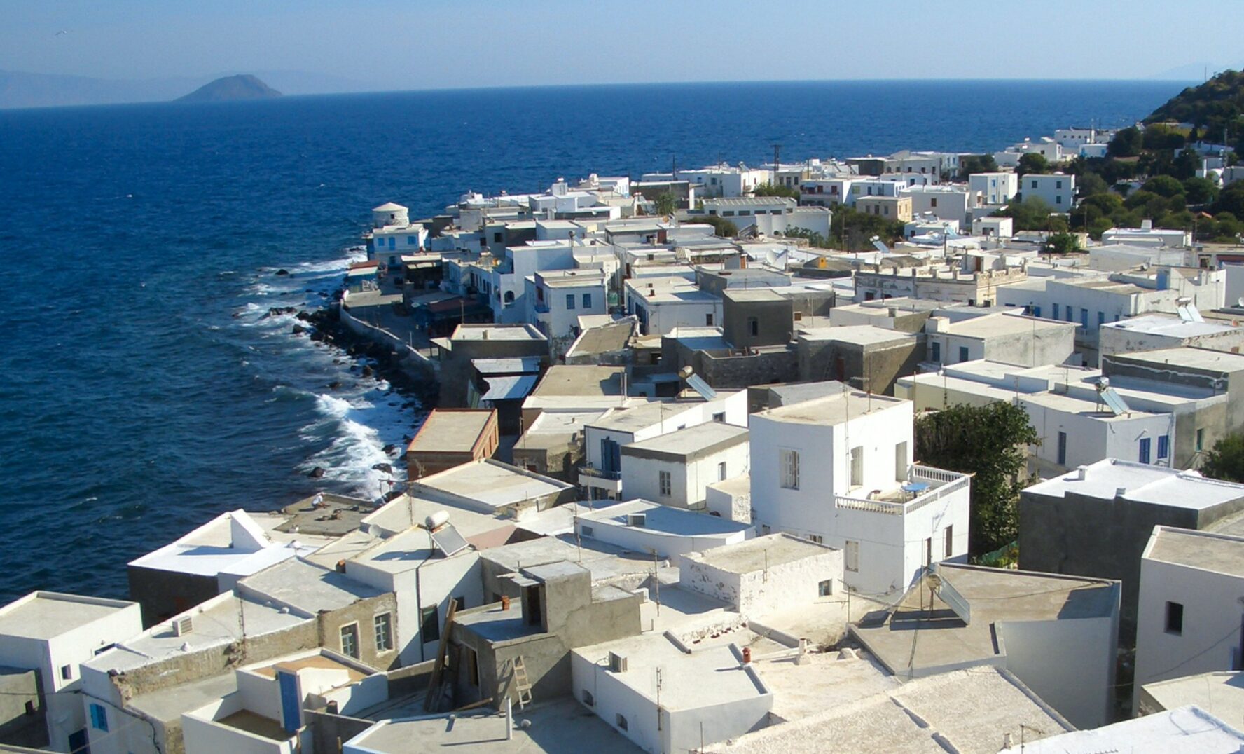 Aerial view of the white coastal village of Mandraki on the Greek island of Nisyros.