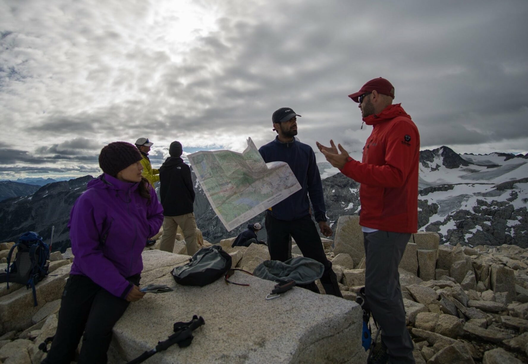 Mountaineering course takers during a navigation lesson near Squamish, BC.