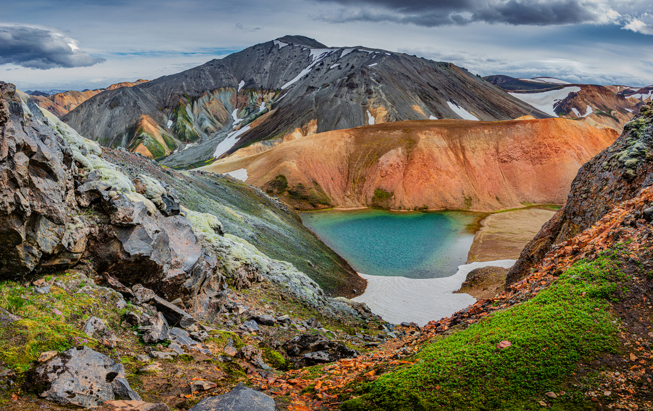 Panoramic view of colorful rhyolite volcanic mountains Landmannalaugar as pure wilderness in Iceland and a hidden highland lake, Iceland, summer time