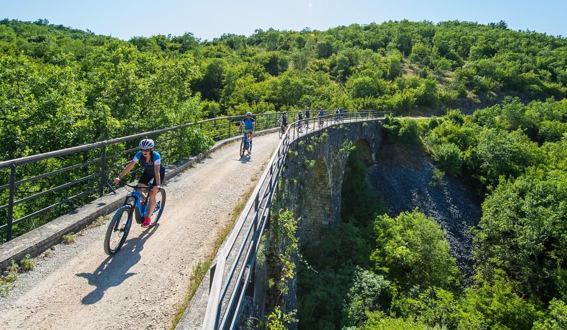 Mountain bikers on a scenic road in Istria, Croatia.